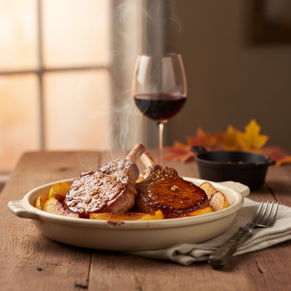 Image de la recette: Côtes de Dos de Porc Bâton Rouge à l'Érable et aux Pommes du Québec
