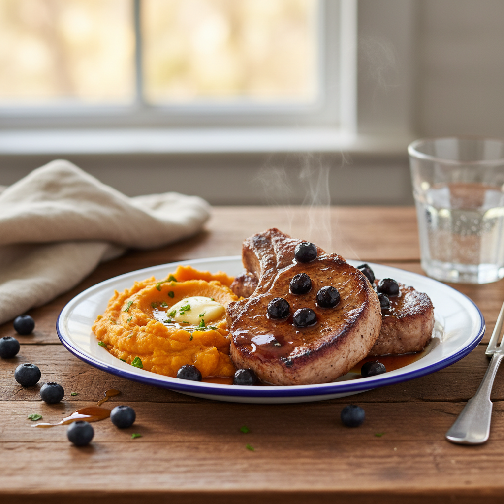 Image de la recette: Côtelettes de Porc à la Québécoise, Sauce aux Bleuets et Érable