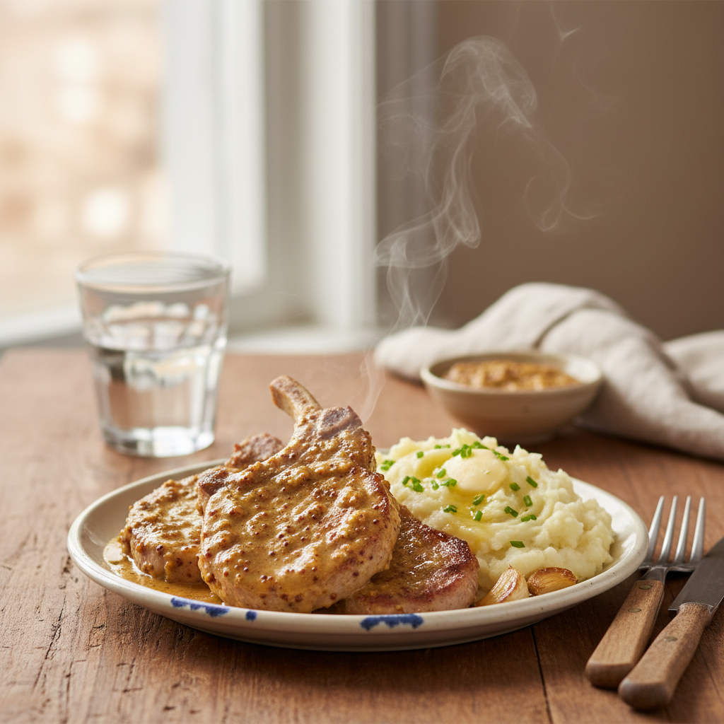 Image de la recette: Côtelettes de porc à la moutarde de Meaux et sirop d'érable, patates pilées à l'ail rôti