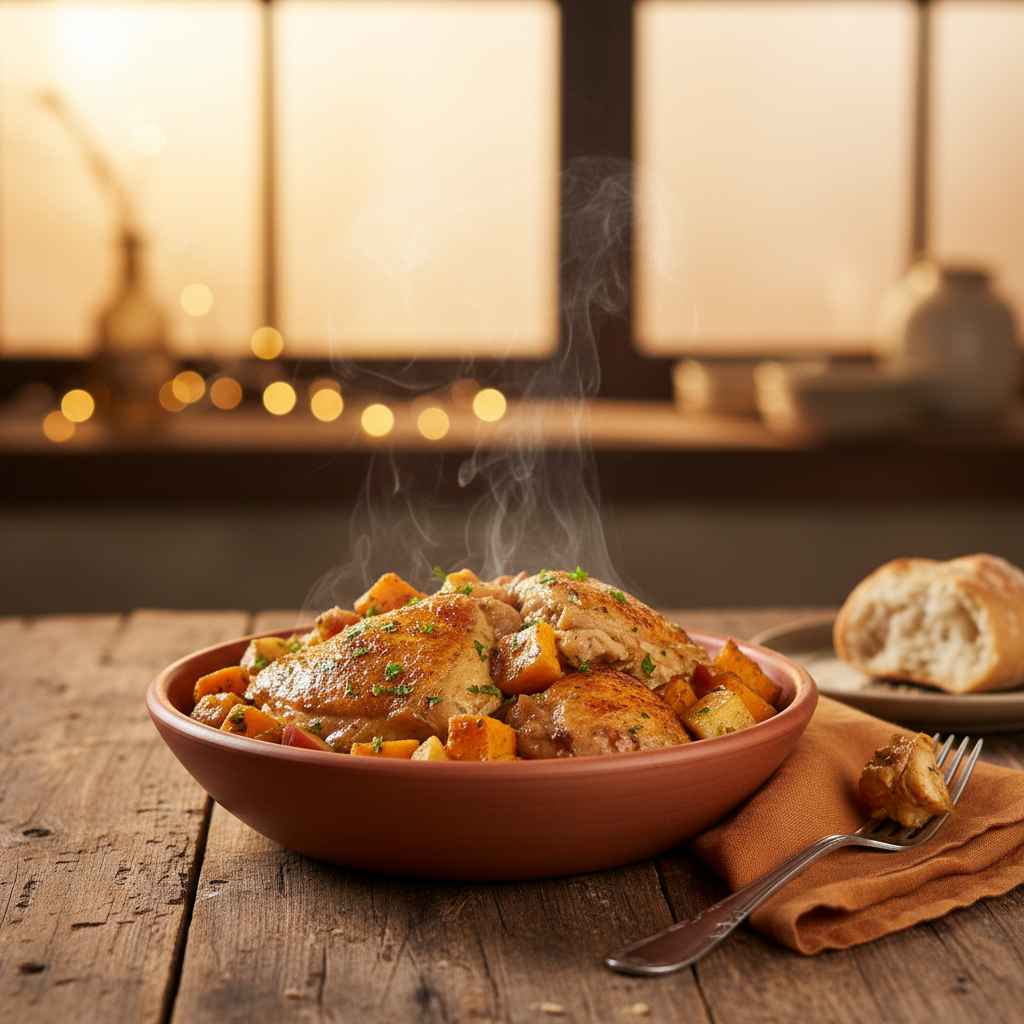 Image de la recette: Poulet Popotte aux Patates Douces Pis aux Pommes