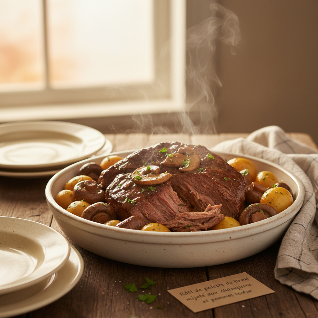 Image de la recette: Rôti de palette de boeuf mijoté aux champignons et pommes de terre