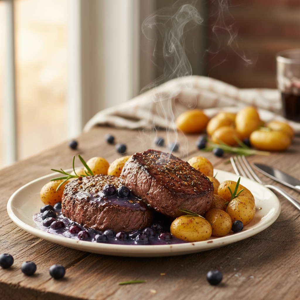 Image de la recette: Biftecks d'aloyau à la diable flambés au Caribou, sauce aux bleuets sauvages et pommes de terre grelots confites