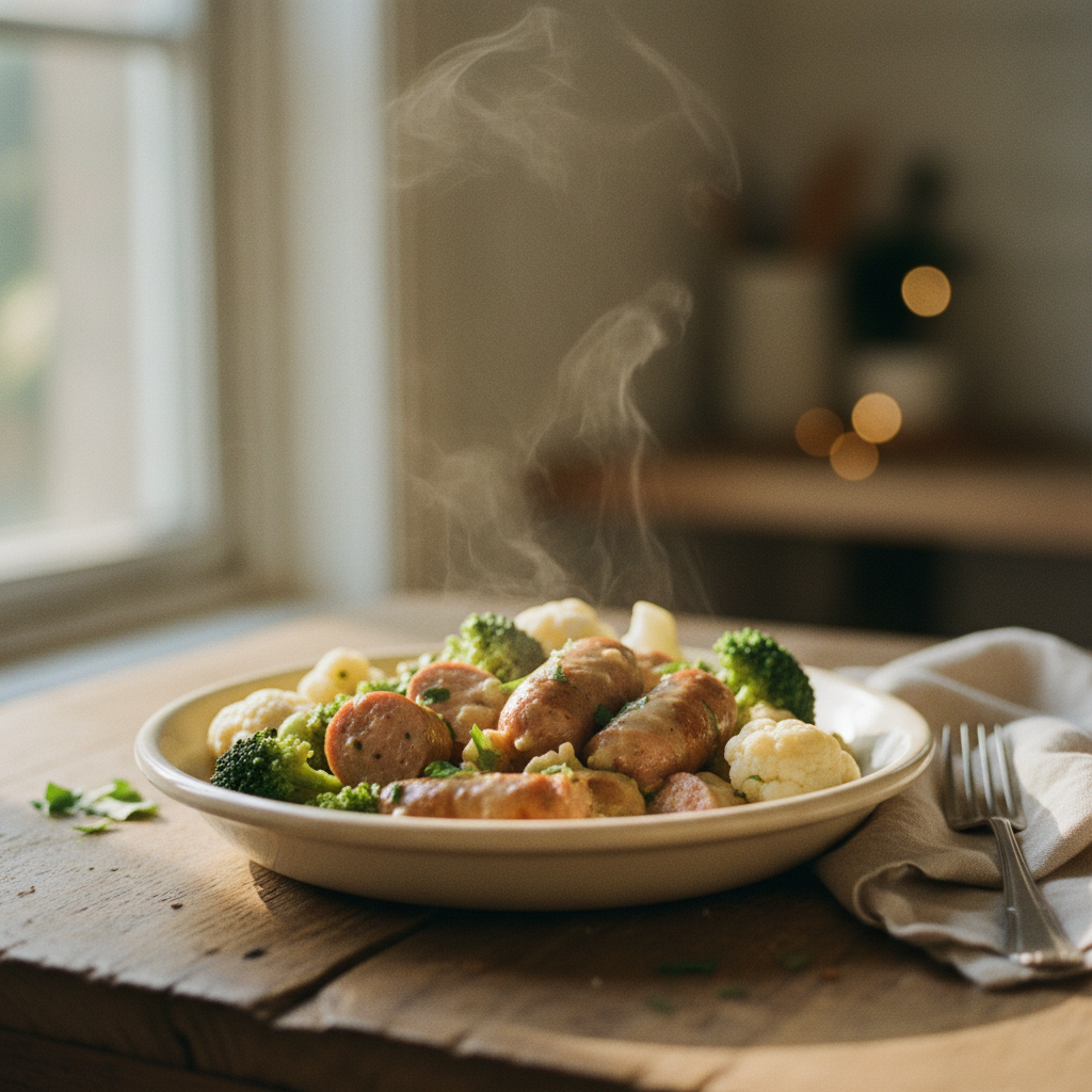 Image de la recette: Saucisses crémeuses aux légumes printaniers