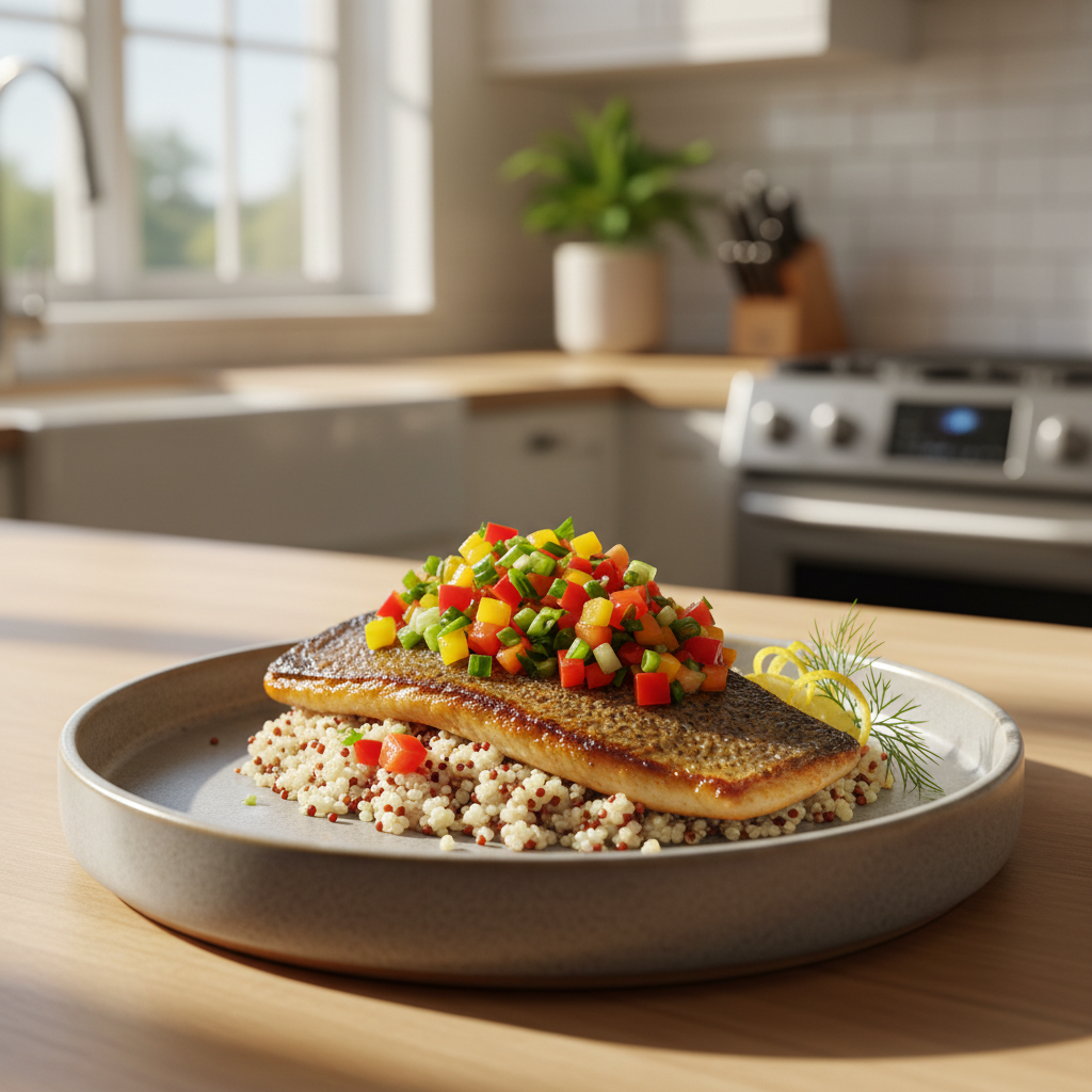 Image de la recette: Truite Poêlée et sa Vierge de Poivrons Colorés