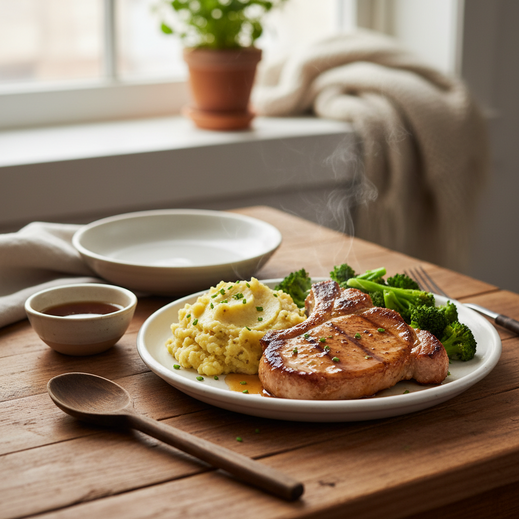 Image de la recette: Côtelettes de porc à l'érable, patates pilées à la moutarde pis brocoli vite fait