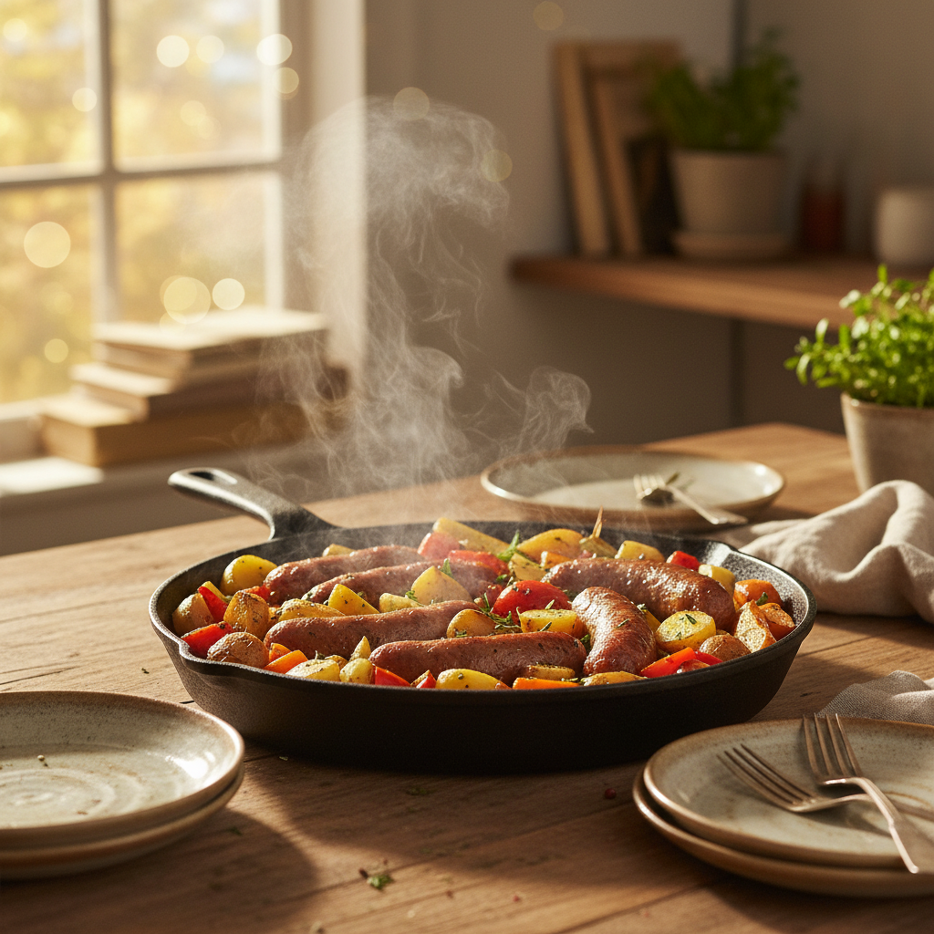 Image de la recette: Saucisses Fumées et Légumes Rôtis au Four