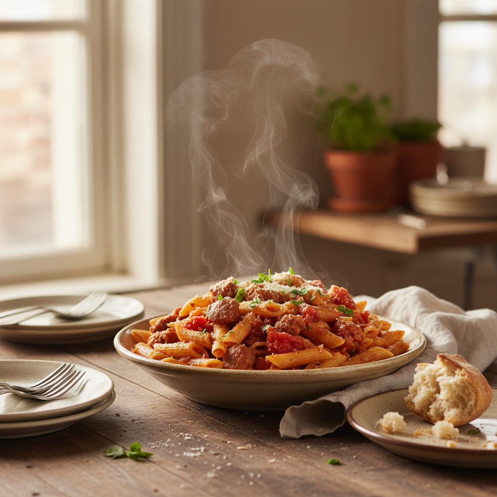 Image de la recette: Penne aux Saucisses Fraîches et Tomates
