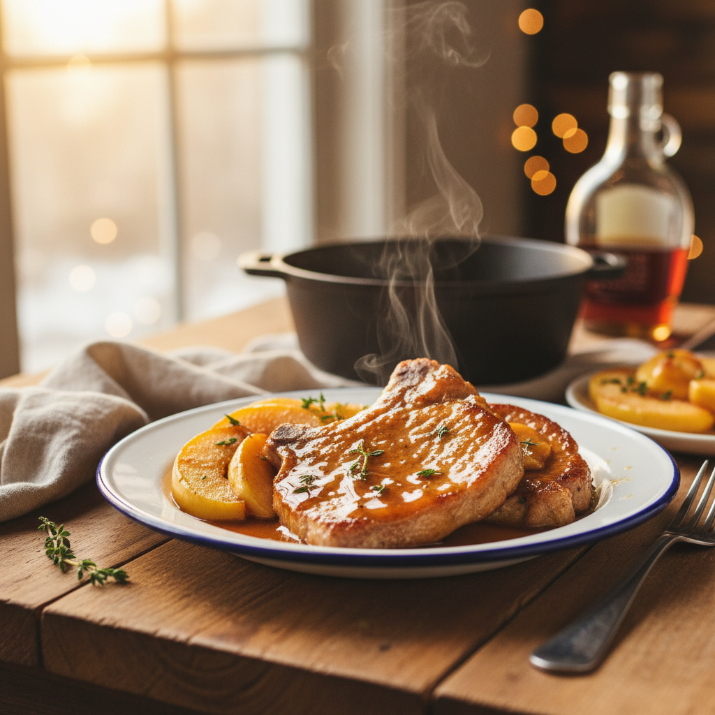Image de la recette: Côtelettes de Porc à l'Érable et aux Pommes, façon Cabane à Sucre Moderne