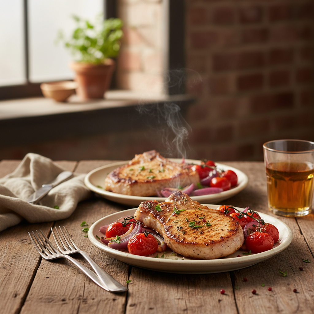 Image de la recette: Côtelettes de porc grillées aux tomates et oignons rouges