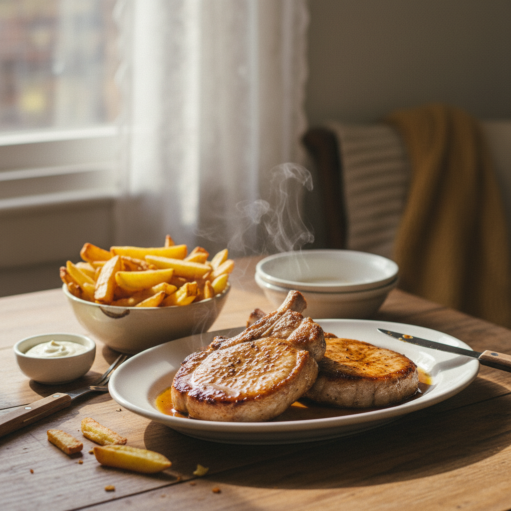 Image de la recette: Côtelettes de Porc au Jus avec Frites Dorées