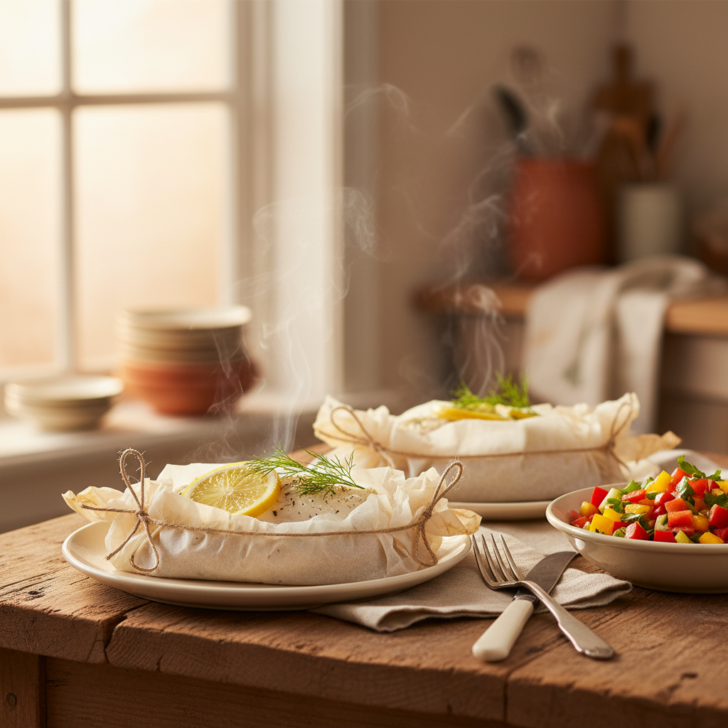 Image de la recette: Morue en Papillote Citron-Aneth et Salade de Poivrons