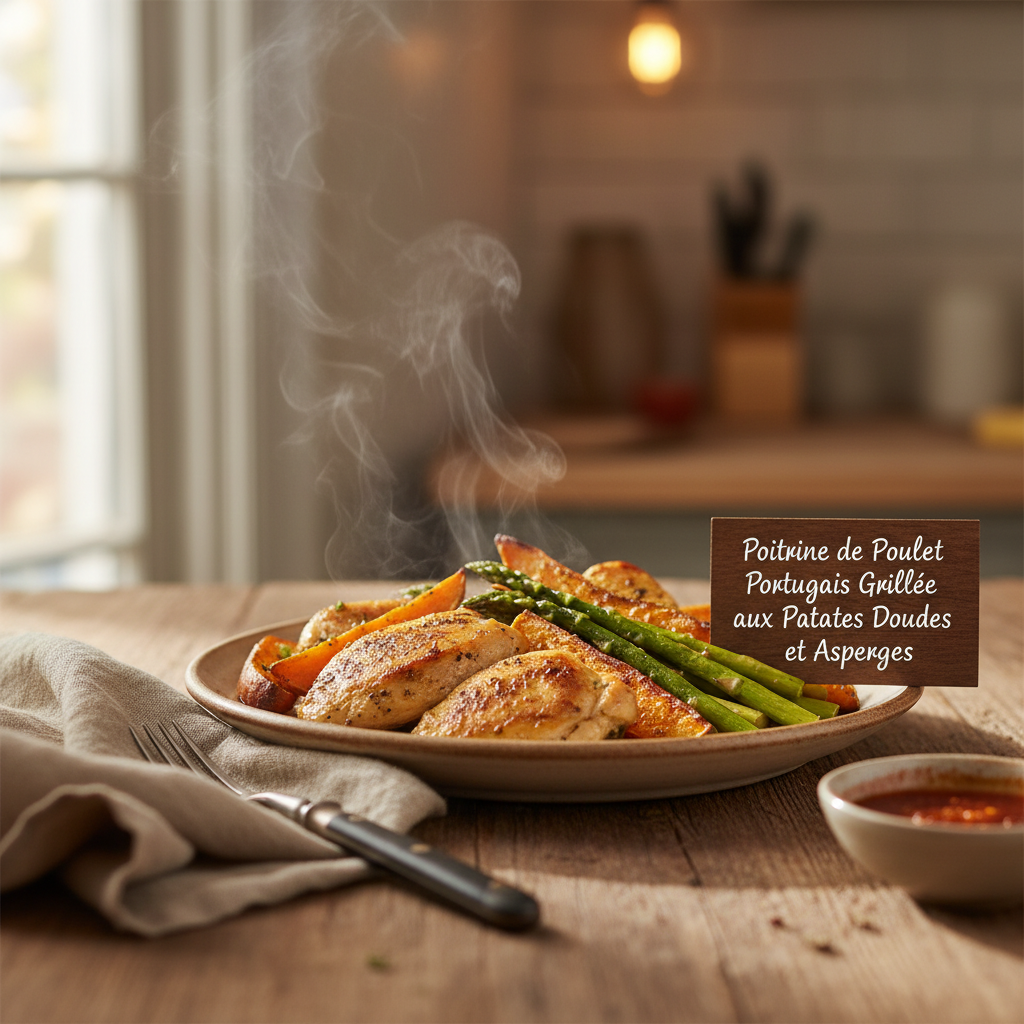 Image de la recette: Poitrine de Poulet Portugais Grillée aux Patates Douces et Asperges