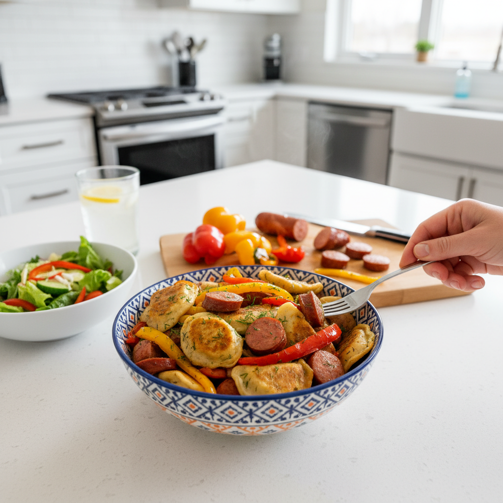 Image de la recette: Poêlée tout-en-un de pérogies, saucisses fumées et poivrons