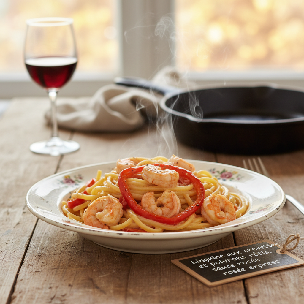 Image de la recette: Linguine aux crevettes et poivrons rôtis, sauce rosée express