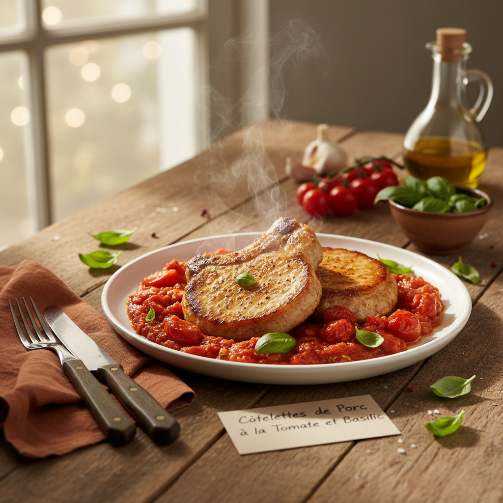 Image de la recette: Côtelettes de Porc à la Tomate et Basilic