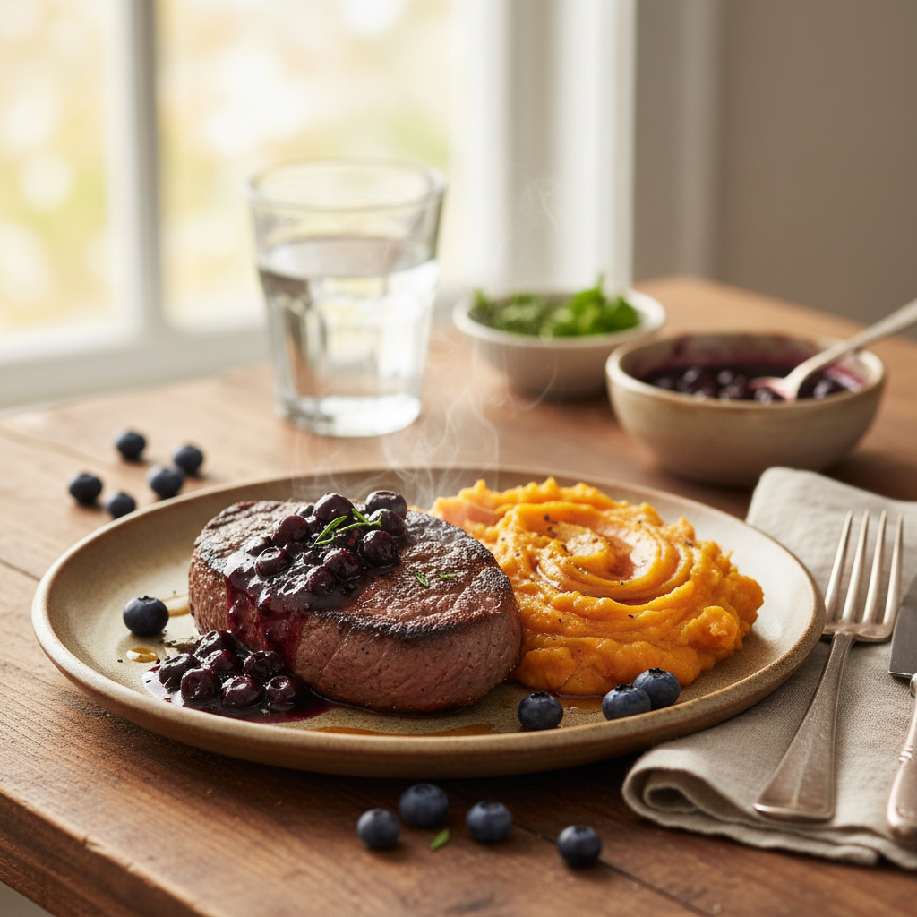 Image de la recette: Bifteck de Haut de Surlonge Désossé Sauce aux Bleuets Sauvages et Écrasé de Patates Douces à l'Érable