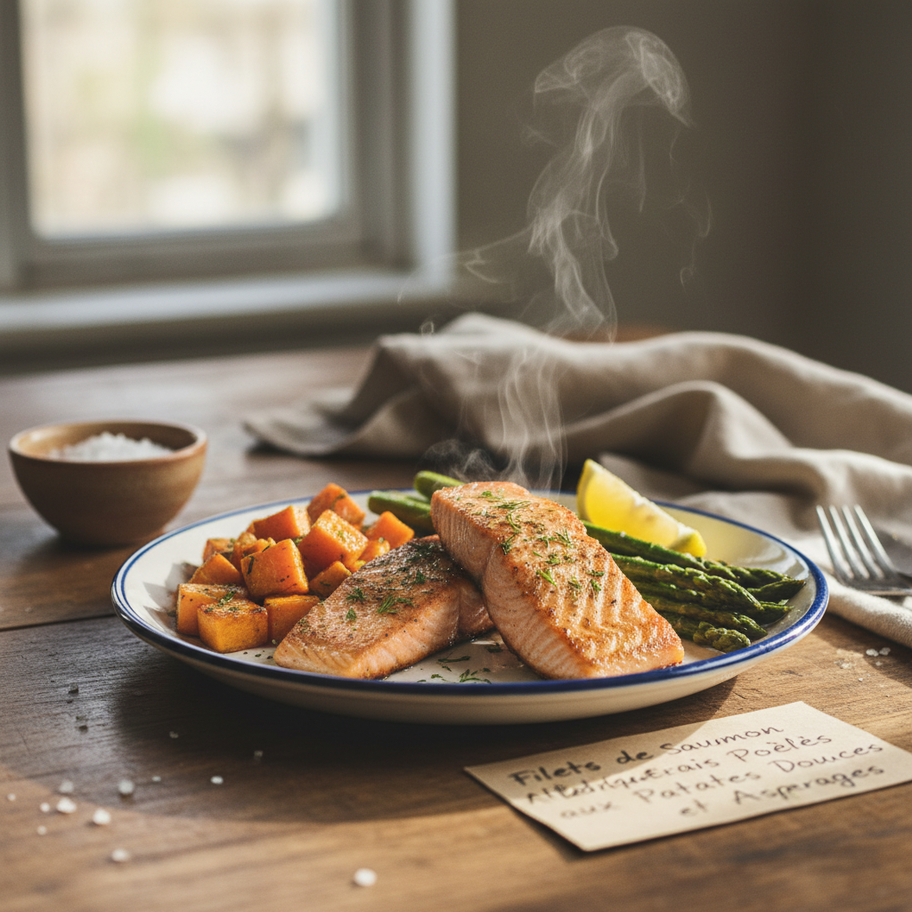 Filets de Saumon Atlantique Frais Poêlés aux Patates Douces et Asperges