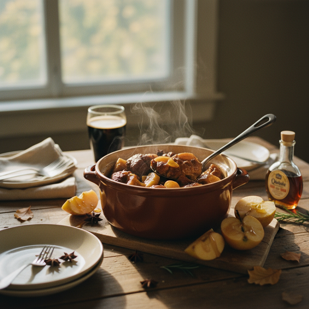 Image de la recette: Rôti d'épaule de porc à la bière noire et aux pommes du Québec
