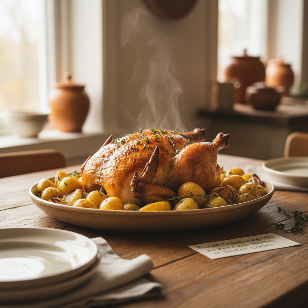 Image de la recette: Poulet Crapaudine Rôti aux Herbes et Patates Grelots