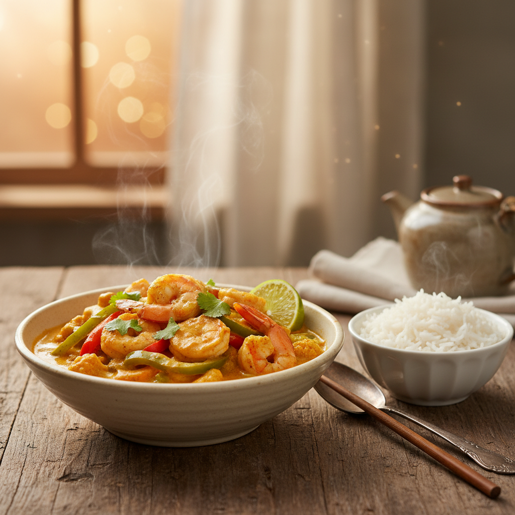 Image de la recette: Curry de crevettes et légumes au lait de coco express