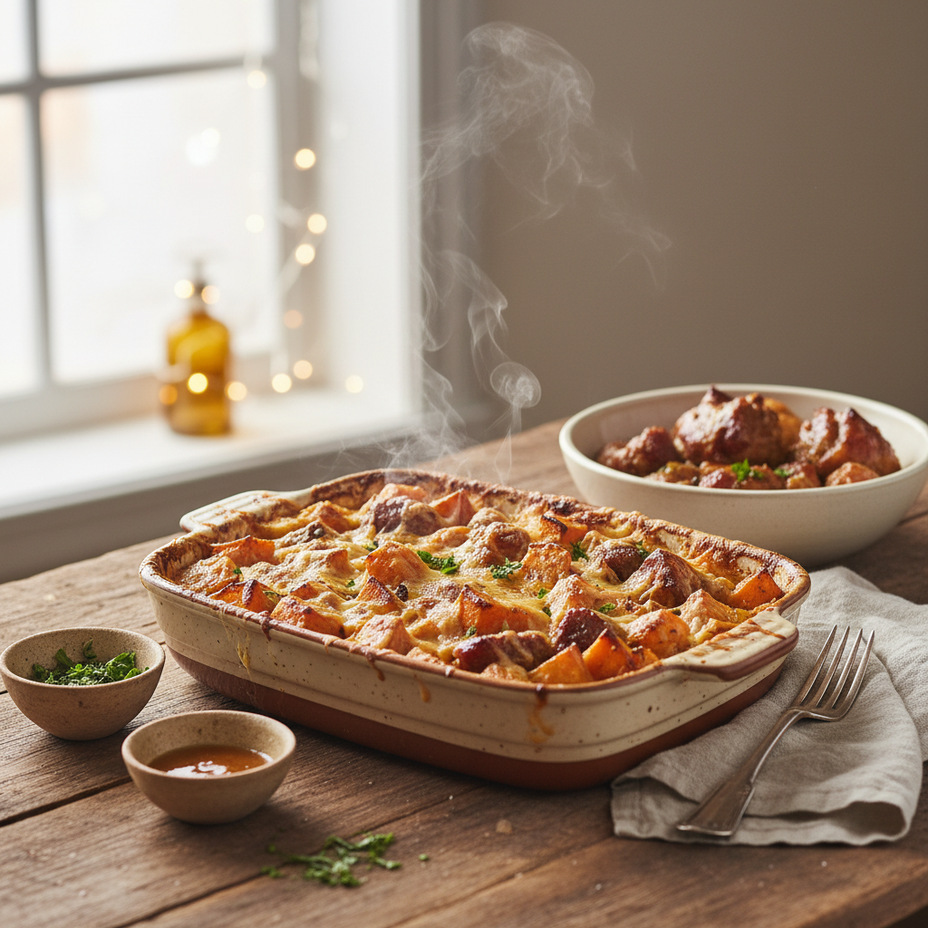 Image de la recette: Gratin Festif de Patates Douces Oranges et Jarret de Porc Braisé au Miel d'Érable