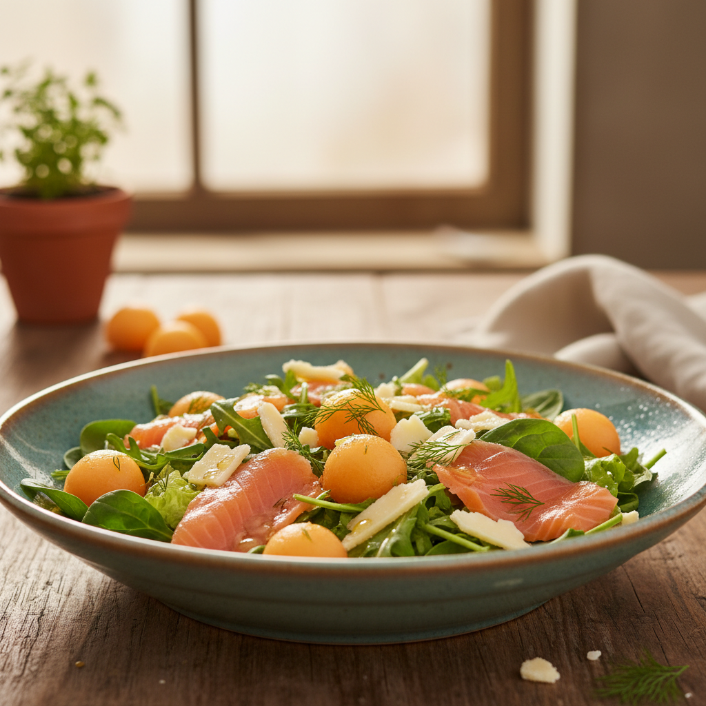 Image de la recette: Salade repas au saumon fumé et cantaloup