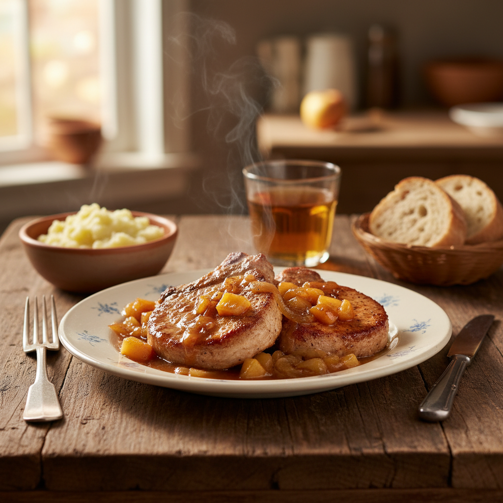 Image de la recette: Côtelettes de longe de porc à l'érable et aux pommes, façon grand-maman
