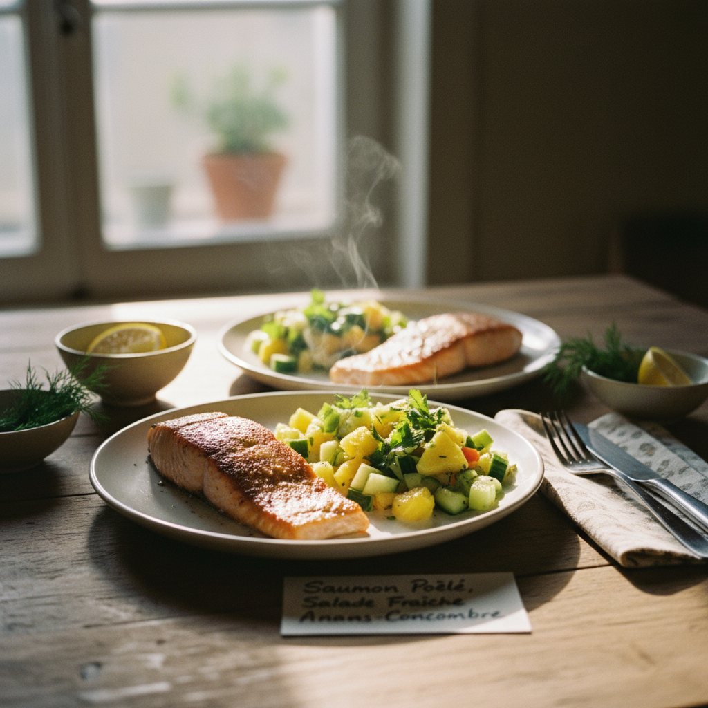 Image de la recette: Saumon Poêlé, Salade Fraîche Ananas-Concombre