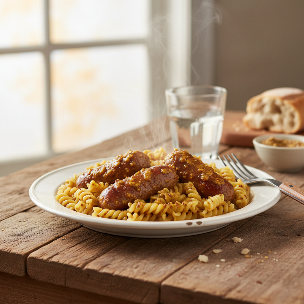 Image de la recette: Saucisses Lafleur Braisées à la Moutarde et Pâtes