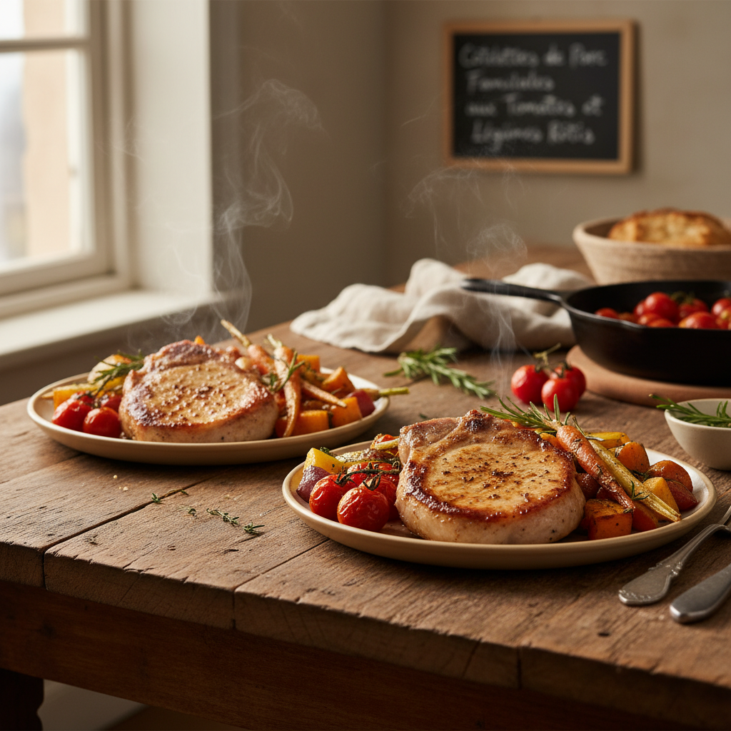 Image de la recette: Côtelettes de Porc Familiales aux Tomates et Légumes Rôtis