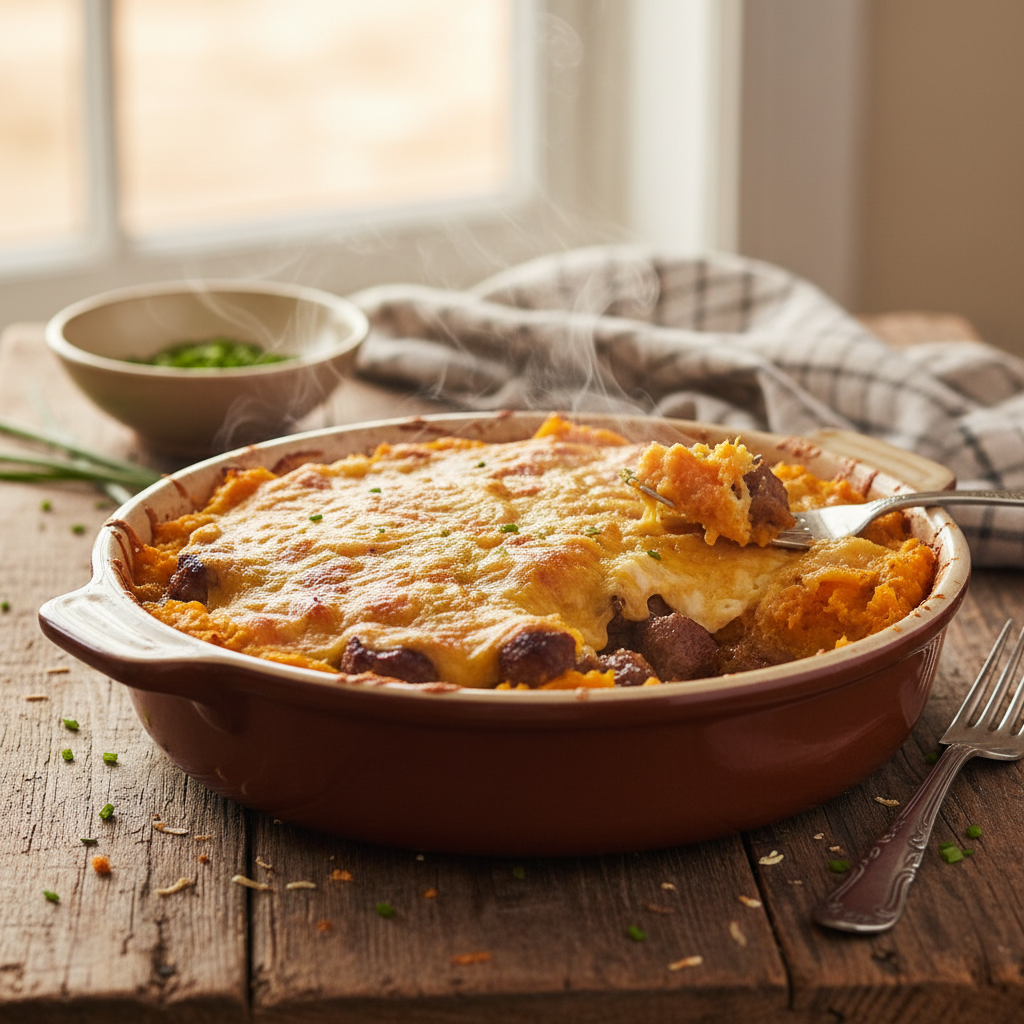 Image de la recette: Rôti de Filet Mignon Gratiné aux Patates Douces et Cheddar Fort, Façon Pâté Chinois de Luxe
