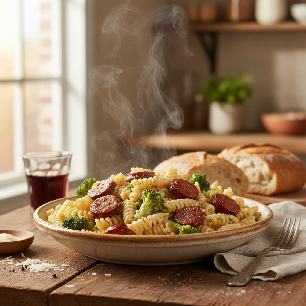 Image de la recette: Pâtes crémeuses aux saucisses fumées et brocoli