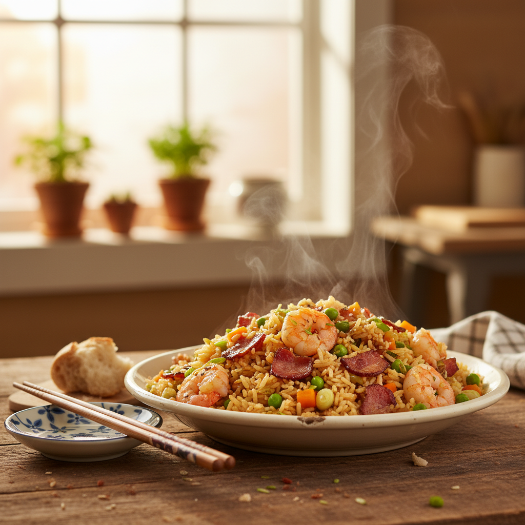 Image de la recette: Riz Frit aux Crevettes et Bacon Express