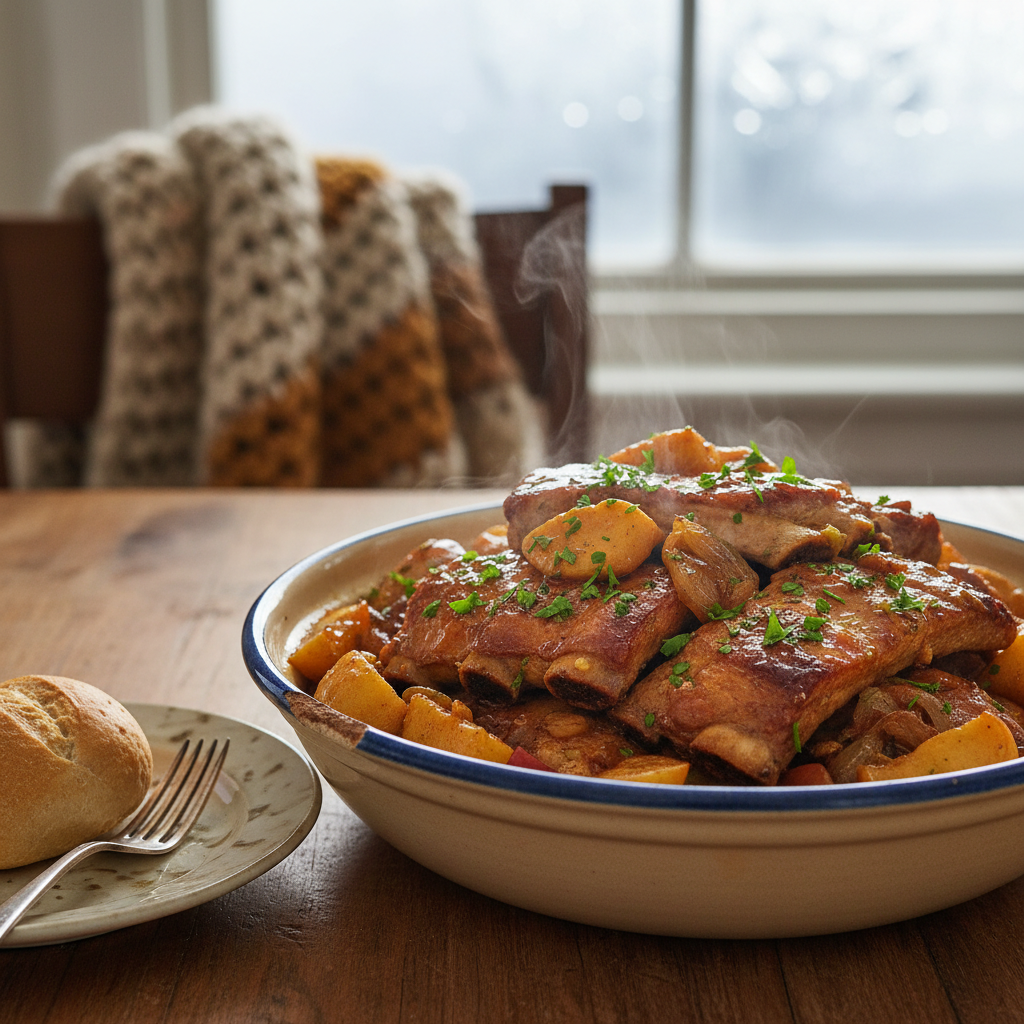 Image de la recette: Côtes de dos de porc braisées à l'érable et aux pommes, façon grand-maman