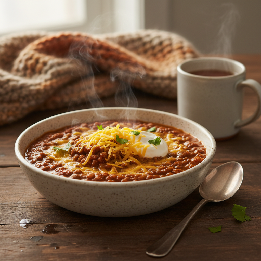 Image de la recette: Chili aux Lentilles Rapide et Fromage