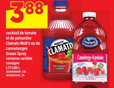 COCKTAIL DE TOMATE ET DE PALOURDES CLAMATO MOTT'S OU DE CANNEBERGES OCEAN SPRAY, 1,77/1,89 L