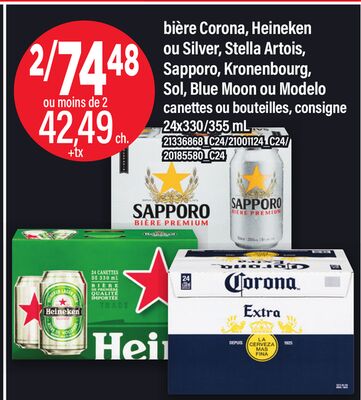 BIÈRE CORONA, HEINEKEN OU SILVER, STELLA ARTOIS, SAPPORO, KRONENBOURG, SOL, BLUE MOON OU MODELO, 24x330/355 mL