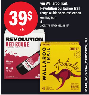 VIN WALLAROO TRAIL, REVOLUTION OU TAUROO TRAIL, 4 L