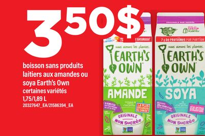 BOISSON SANS PRODUITS LAITIERS AUX AMANDES OU SOYA EARTH'S OWN, 1,75/1,89 L