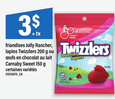 FRIANDISES JOLLY RANCHER, LAPINS TWIZZLERS 200 G OU ŒUFS EN CHOCOLAT AU LAIT CARNABY SWEET 150 G