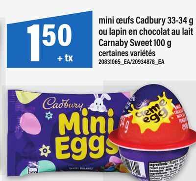 MINI ŒUFS CADBURY 33-34 G OU LAPIN EN CHOCOLAT AU LAIT CARNABY SWEET 100 G