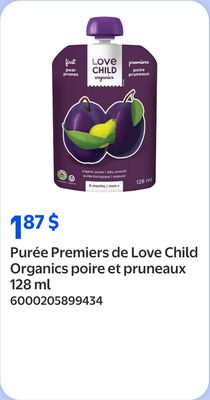 Purée premiers de love child organics poire et pruneaux 128 ml