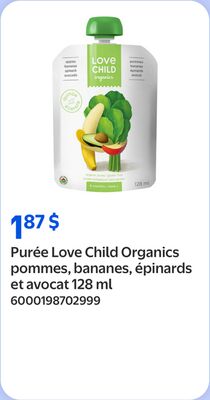 Purée love child organics pommes, bananes, épinards et avocat 128 ml
