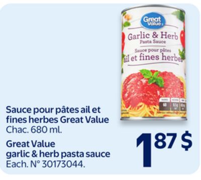 Sauce pour pâtes ail et fines herbes Great Value