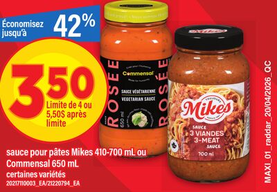 sauce pour pâtes Mikes 410-700 mL ou Commensal 650 mL