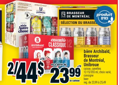 Bière archibald, brasseur de montréal, unibroue / caisse, canettes 12-15/355 ml, choix varié, consigne beer