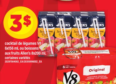 Cocktail de légumes v8, 6x156 ml ou boissons aux fruits allen's, 8x200 ml