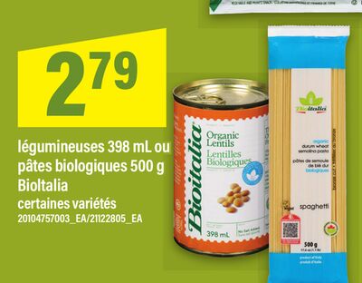 Légumineuses, 398 ml ou pâtes biologiques bioitalia, 500 g