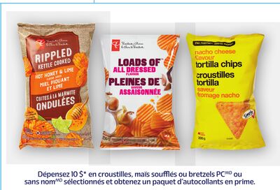 Croustilles, maïs soufflés ou bretzels pc ou sans nom sélectionnés