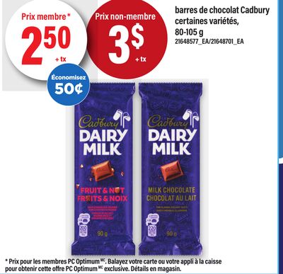 Barres de chocolat cadbury, 80-105 g